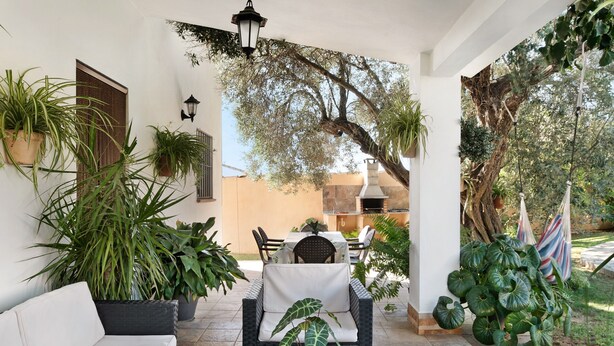 Une terrasse couverte, aménagée avec des meubles en osier, des plantes en pot et un hamac suspendu.