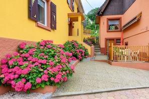 Una calle estrecha con edificios amarillos y anaranjados, una cerca de madera y flores rosadas a lo largo de la acera.