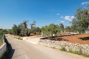 A paved road with stone walls and trees, leading to a building with a stone facade.