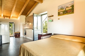 A bedroom with a bed, a kitchen with a view, and a dining area.
