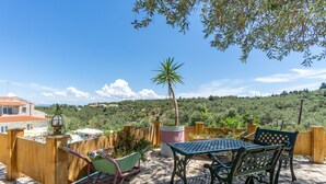 Une terrasse avec une table et des chaises, un pot de fleurs et une vue sur un paysage vallonné.