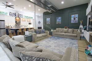 Smart TV, fireplace, books