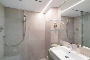 Shower, hair dryer, towels