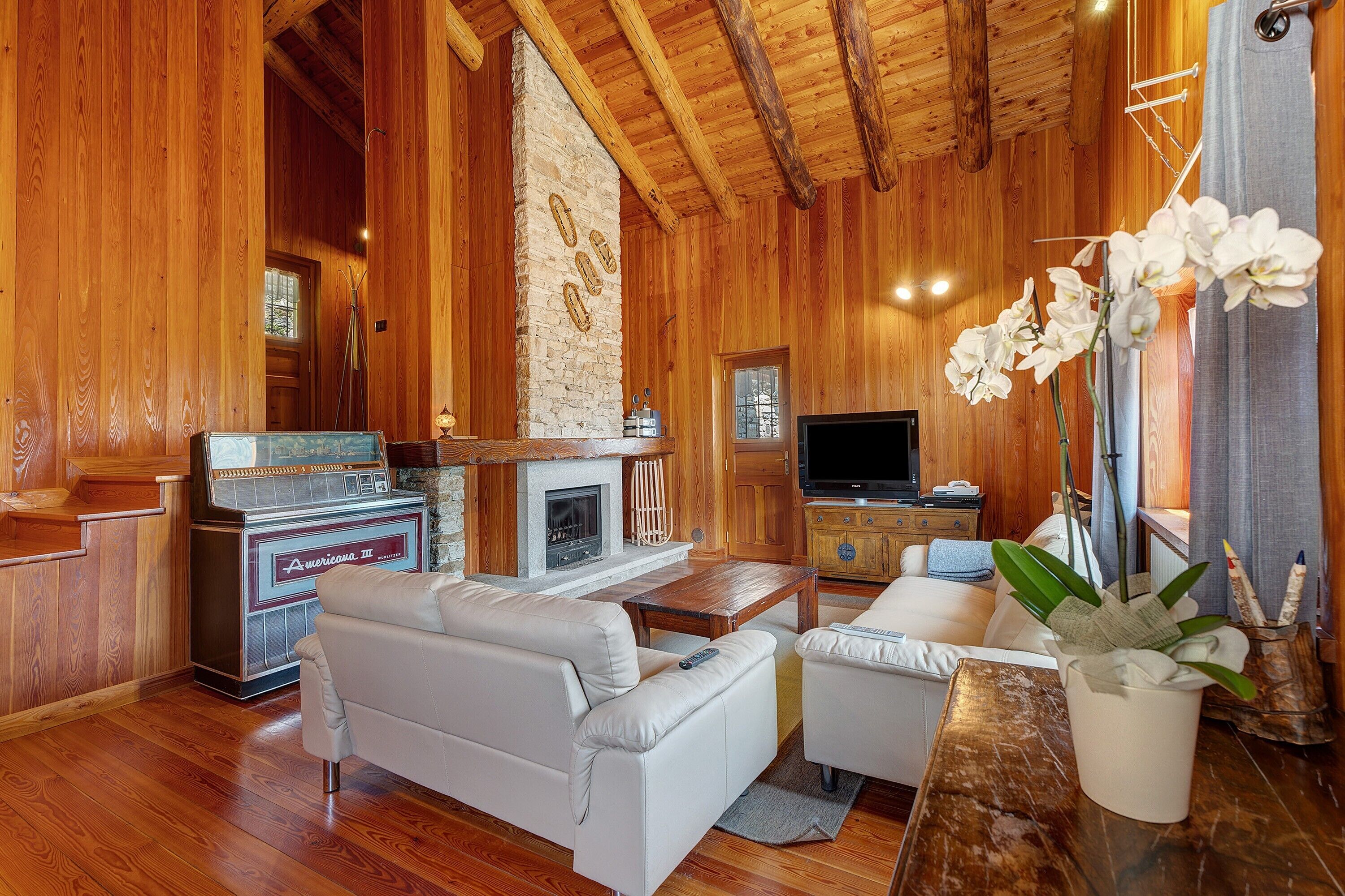 Fireplace, video-game console, stereo