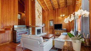 A wooden interior with a fireplace, sofa, television, and a plant. - Exclusive Chalet 'La Libellula' with Stunning Mountain Views (Scopello)