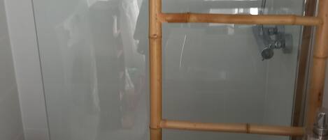 Regadera, toallas, papel de baño