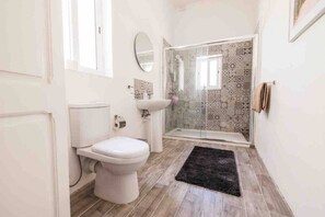 A bathroom with a toilet, sink, and glass shower enclosure.
