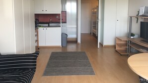 A compact living space with a kitchenette, a dining area, and a sleeping area.