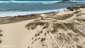 Un paisaje costero con dunas de arena, vegetación escasa y el océano.