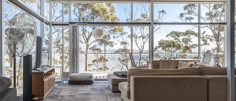 Smart TV, fireplace, books, video library