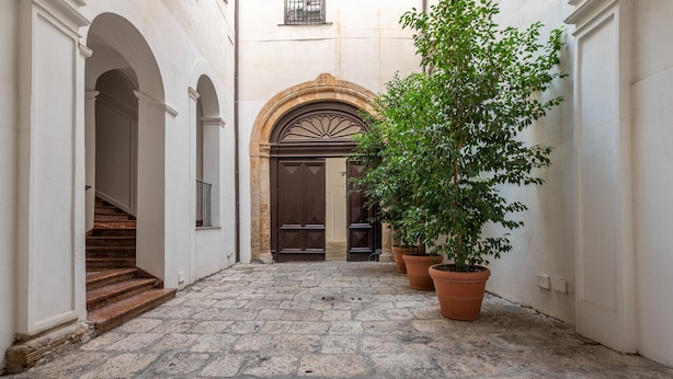 Un patio estrecho empedrado con una escalera de madera a la izquierda, una puerta de madera grande en el centro y dos macetas con plantas a la derecha.