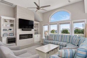 TV, fireplace - Mercury Rising: Backyard Oasis with Saltwater Pool (Corolla)