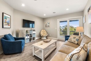 TV, fireplace - Mercury Rising: Backyard Oasis with Saltwater Pool (Corolla)