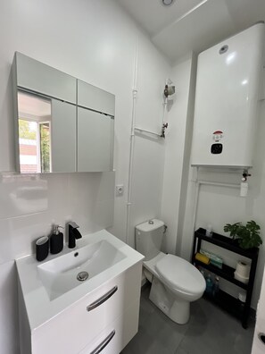 Shower, towels, soap, toilet paper