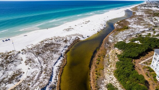 An aerial view of a beach with a clear waterway, sandy beach, and adjacent greenery. - Gulf and Dune Views Steps from the Beach (Watersound)