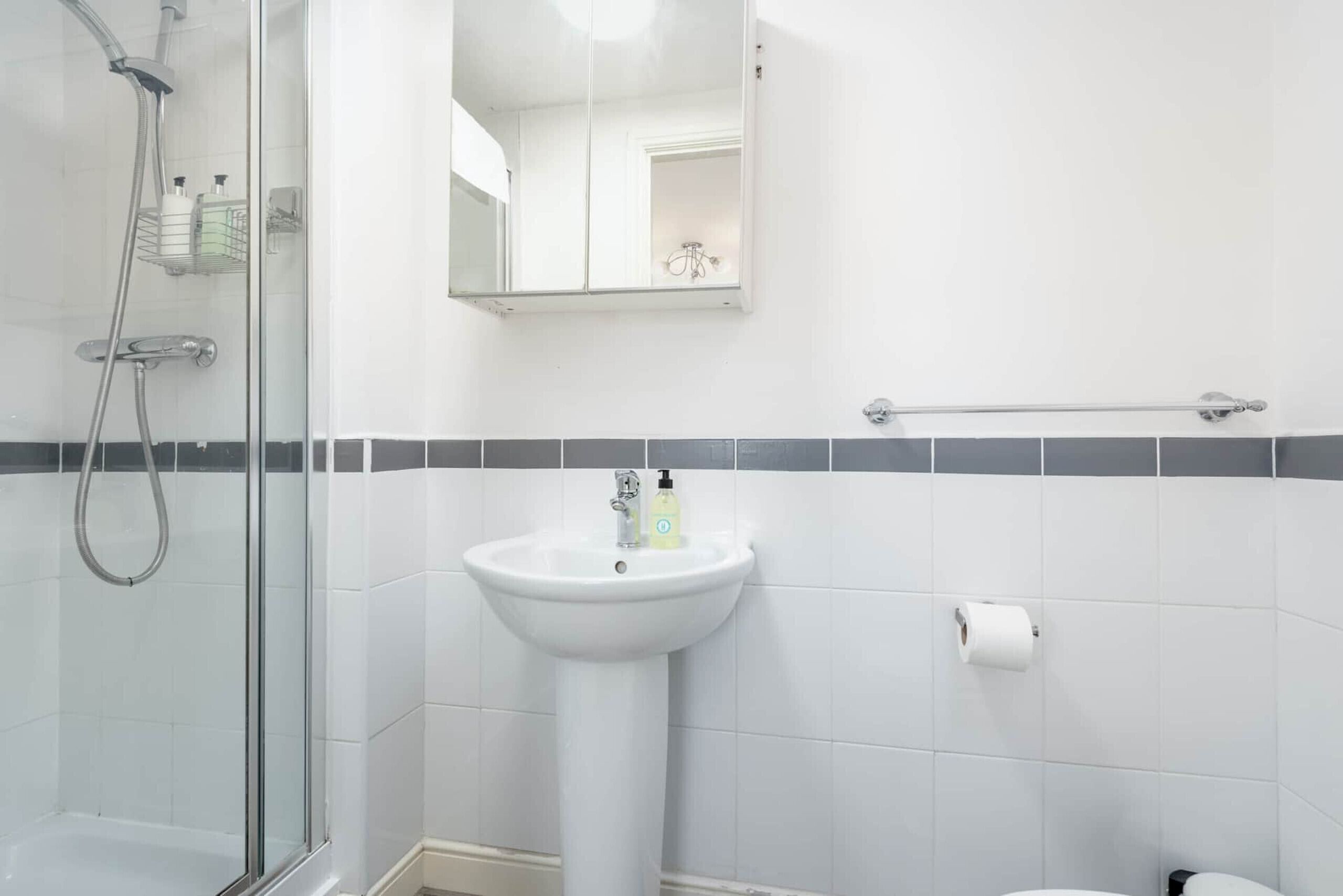 Un bagno con cabina doccia in vetro, un lavandino a colonna bianco, uno specchio e un porta asciugamani.