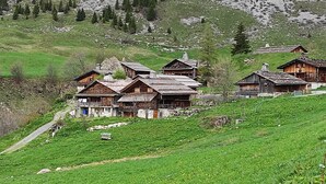 A cluster of wooden houses with sloped roofs, surrounded by green fields and mountains in the background. - Ferme Ancienne 1876 Rénovée, Appartement Neuf Tout Confort 8 Personnes (Le Grand-Bornand)