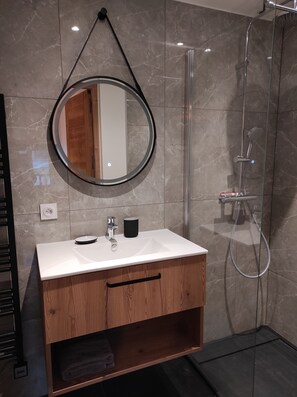Douche, sèche-cheveux, serviettes fournies, papier toilette