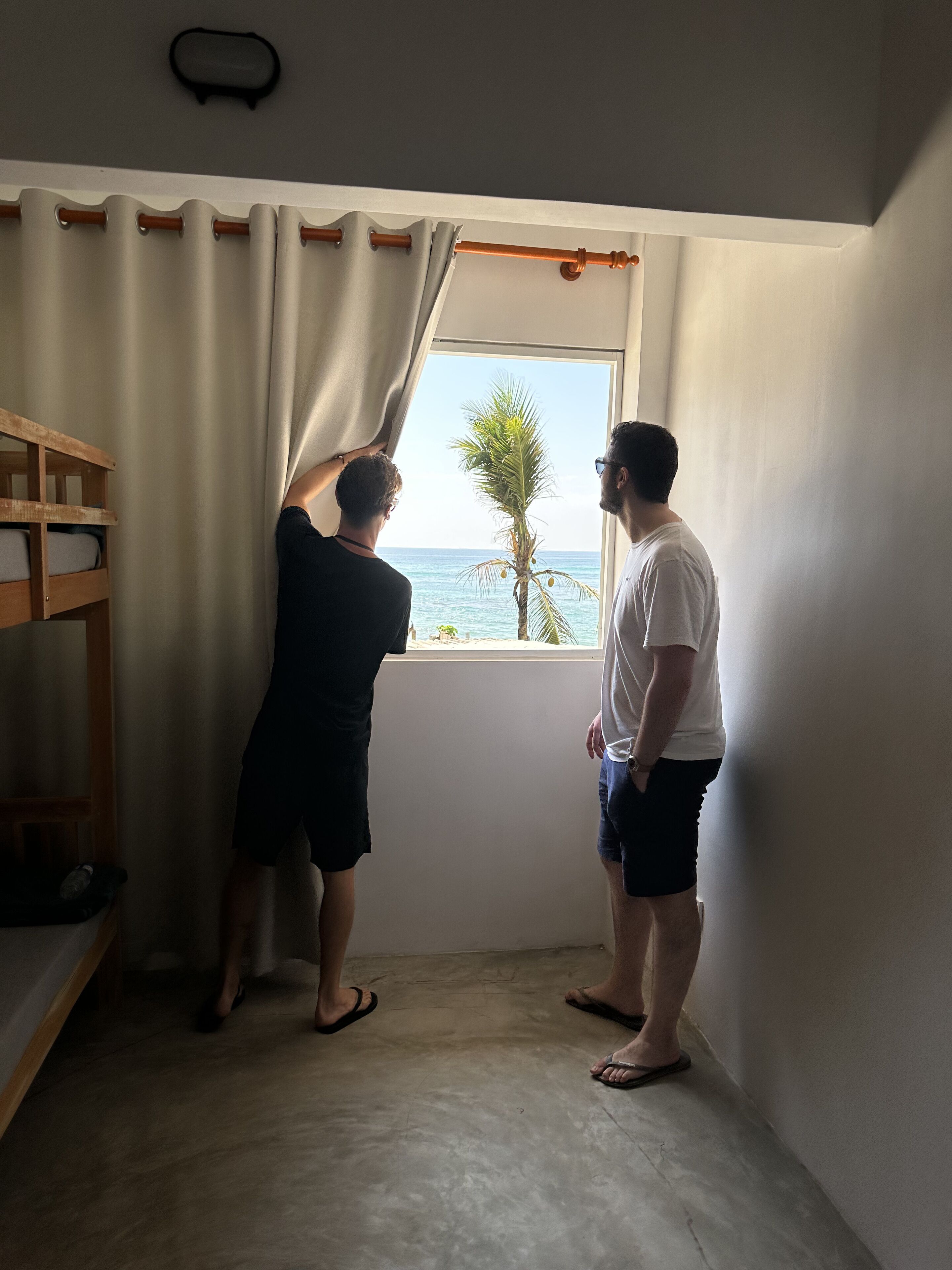 Two people in a room with a window overlooking a palm tree and the sea.