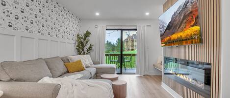 Télévision, cheminée, chaîne hi-fi