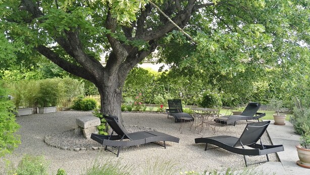 A patio area with outdoor furniture, including lounge chairs and a table, surrounded by a gravel ground and a large tree providing shade. - Le Gîte du Tilleul (Pernes-les-Fontaines)