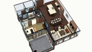 Plano de planta en 3D de un apartamento moderno que incluye sala de estar, comedor, cocina y un balcón con cerramiento de vidrio.