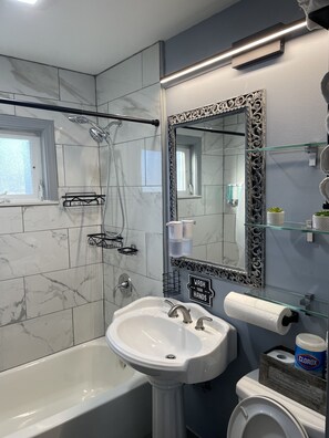 Hair dryer, towels, soap, shampoo