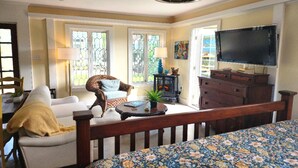 A living room with a sofa, armchair, TV, and a fireplace. - Tiny House Cottage in Historic Downtown (Little Rock)