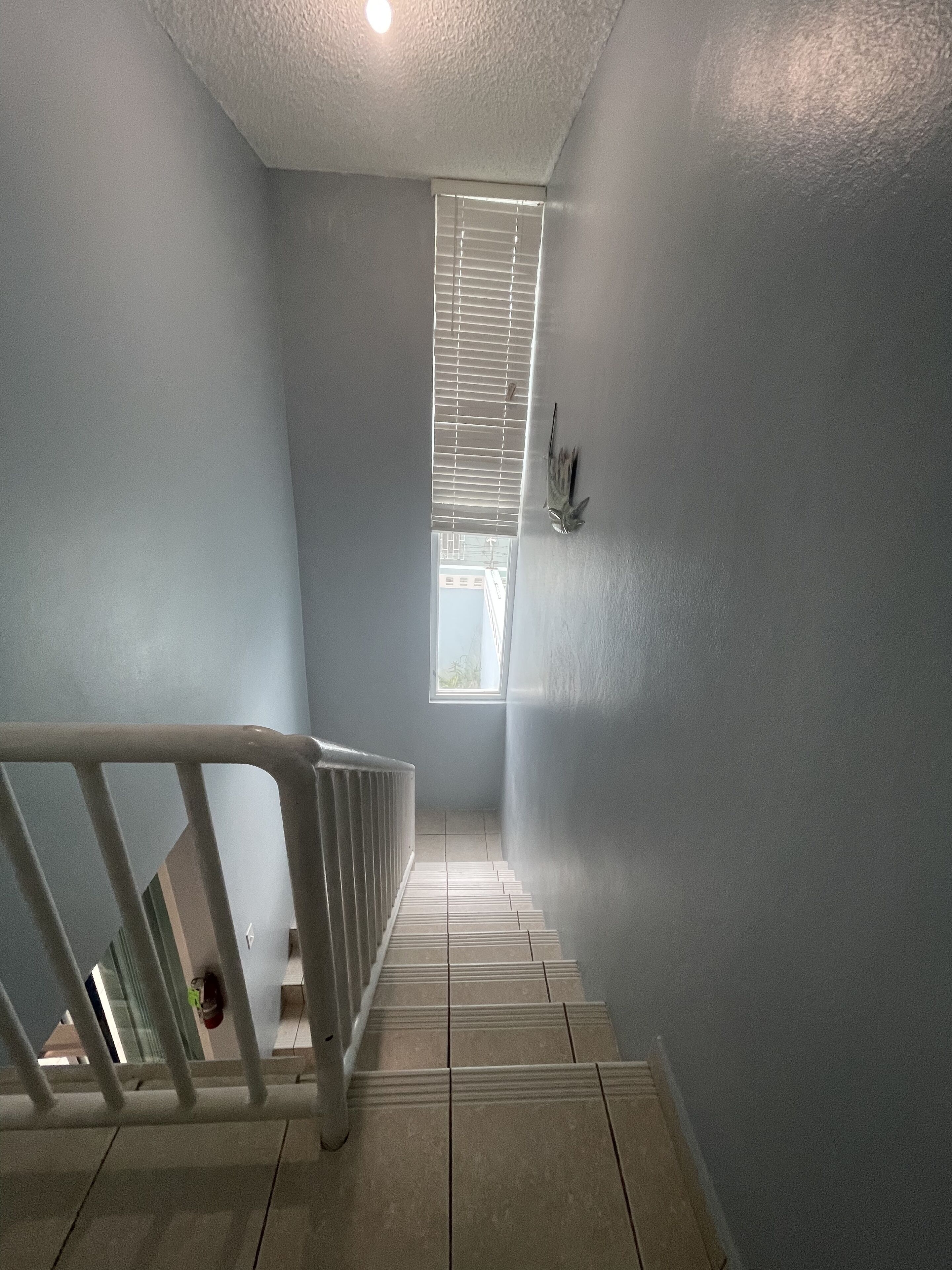 Un escalier avec une rampe blanche menant à un palier.