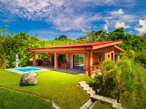 A modern house with a pool, surrounded by lush greenery.