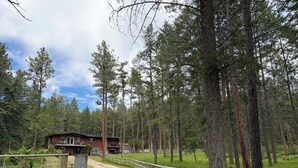 A forested area with a dirt path leading to a cabin. - Montana Forest Retreat, Easy Walk to Flathead Lake, 1.5 Acres Fenced for Dogs! (Polson)