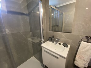 Shower, hair dryer, bidet, towels