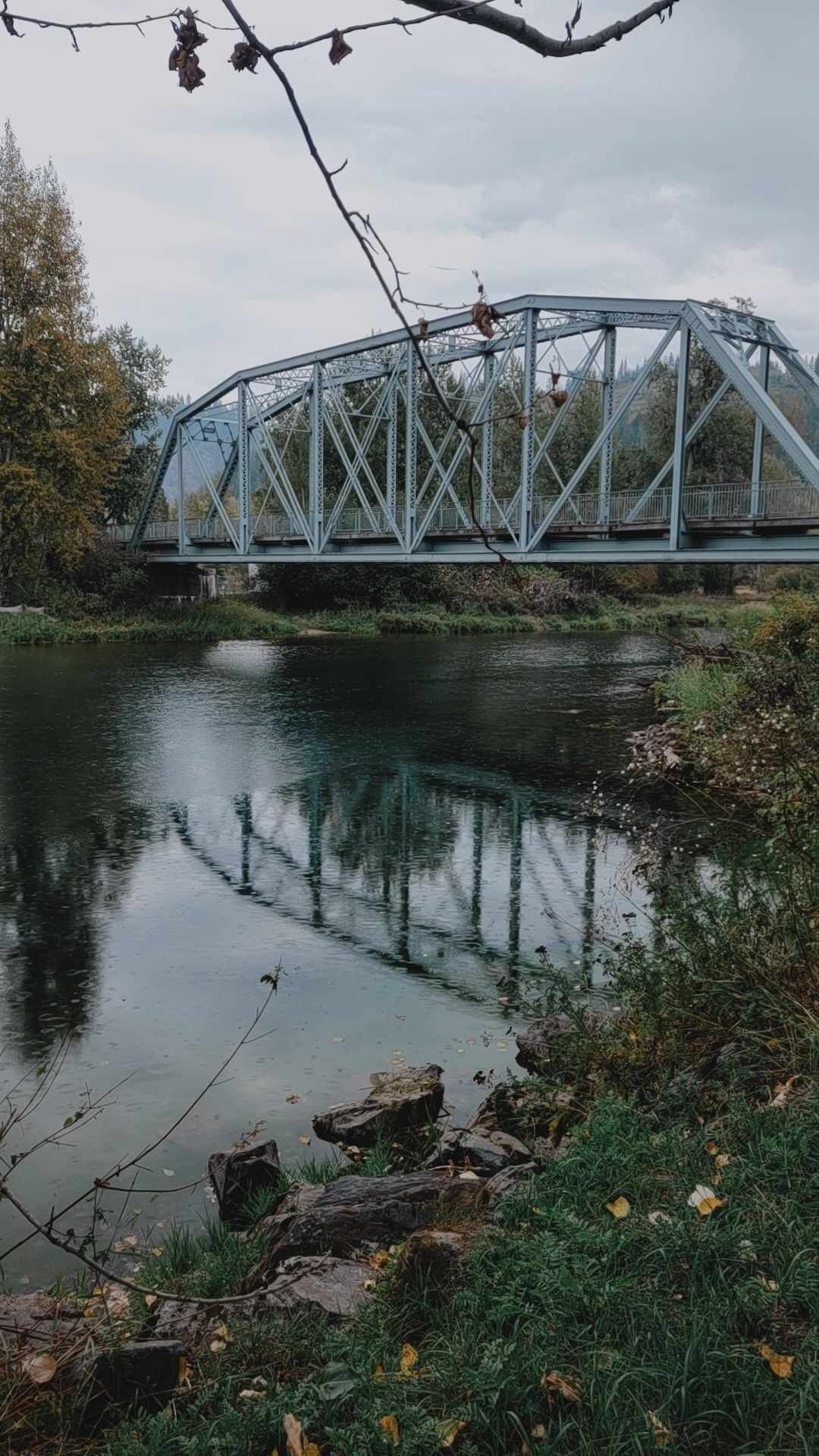 Un pont d’acier enjambant une rivière paisible, entouré de verdure et d’arbres.