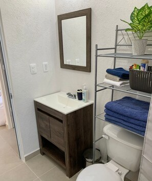 Shower, hair dryer, towels, soap