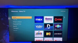 Een Roku TV interface met diverse streamingdiensten zoals Max, Roku Channel, SHOWTIME, VUDU, D, Roku Media Player, Tips & Tricks, MTV, Pandora, ESPN, Netflix en YouTube.