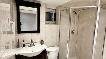 Hair dryer, towels, soap, shampoo