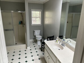Shower, hair dryer, towels, soap