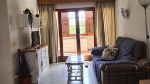 Ein Wohnzimmer mit einer Couch, einem Couchtisch, einem Fernseher und einem Schrank. Ein Fenster mit Vorhängen und eine Tür zum Garten.