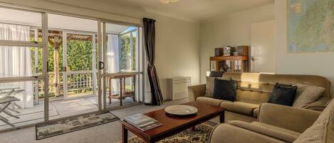 TV, fireplace, books, stereo