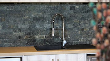 Luxury Apartment | Private kitchen | Full-size fridge, microwave, oven, stovetop