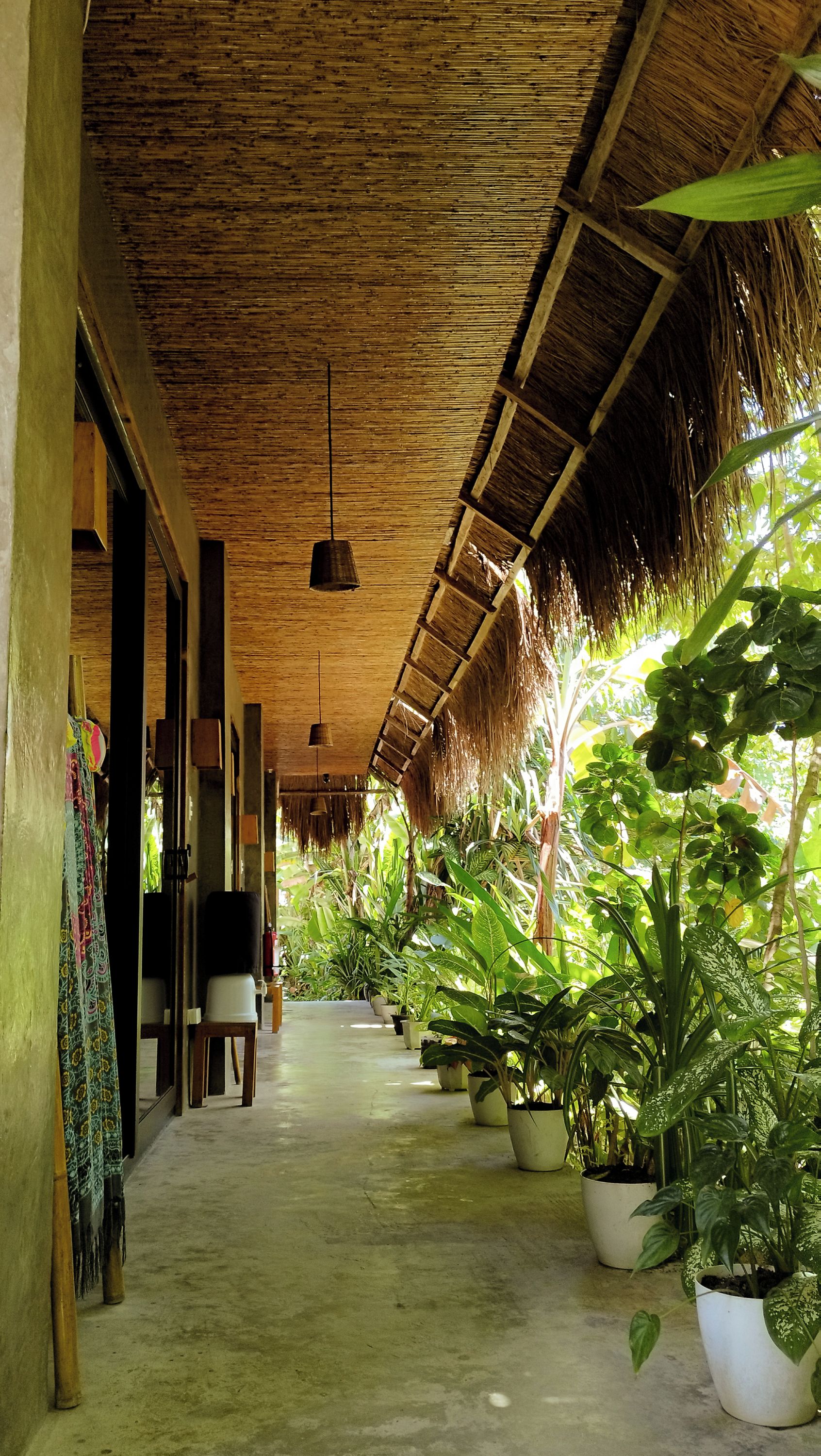 A covered corridor with a thatched roof, potted plants, and a concrete floor.