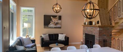 Smart TV, fireplace, DVD player, books