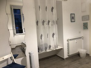 Une salle de bain avec un rideau de douche, un radiateur, une fenêtre et un miroir.