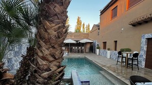 A swimming pool with a palm tree, tiled walls, and outdoor seating.