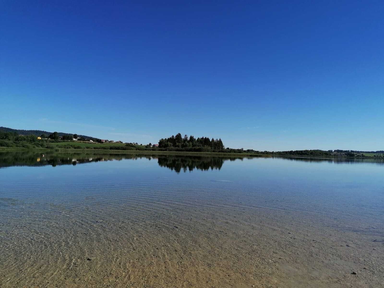 Ein ruhiger See mit einer bewaldeten Insel in der Mitte, klarem Himmel und einer entfernten Uferlinie mit Geb äuden.