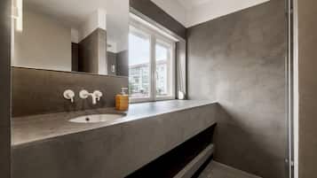 Habitación doble | Baño | Ducha, secador de pelo, toallas y papel higiénico