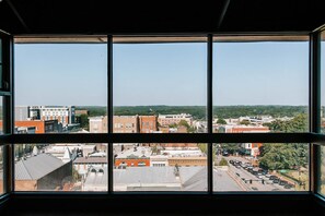 A view through a window with multiple panes, displaying a cityscape with buildings, roads, and greenery. - Iconic Downtown Condo I  Stadium View I  Walk to UGA, Sanford & Classic Center (Athens)