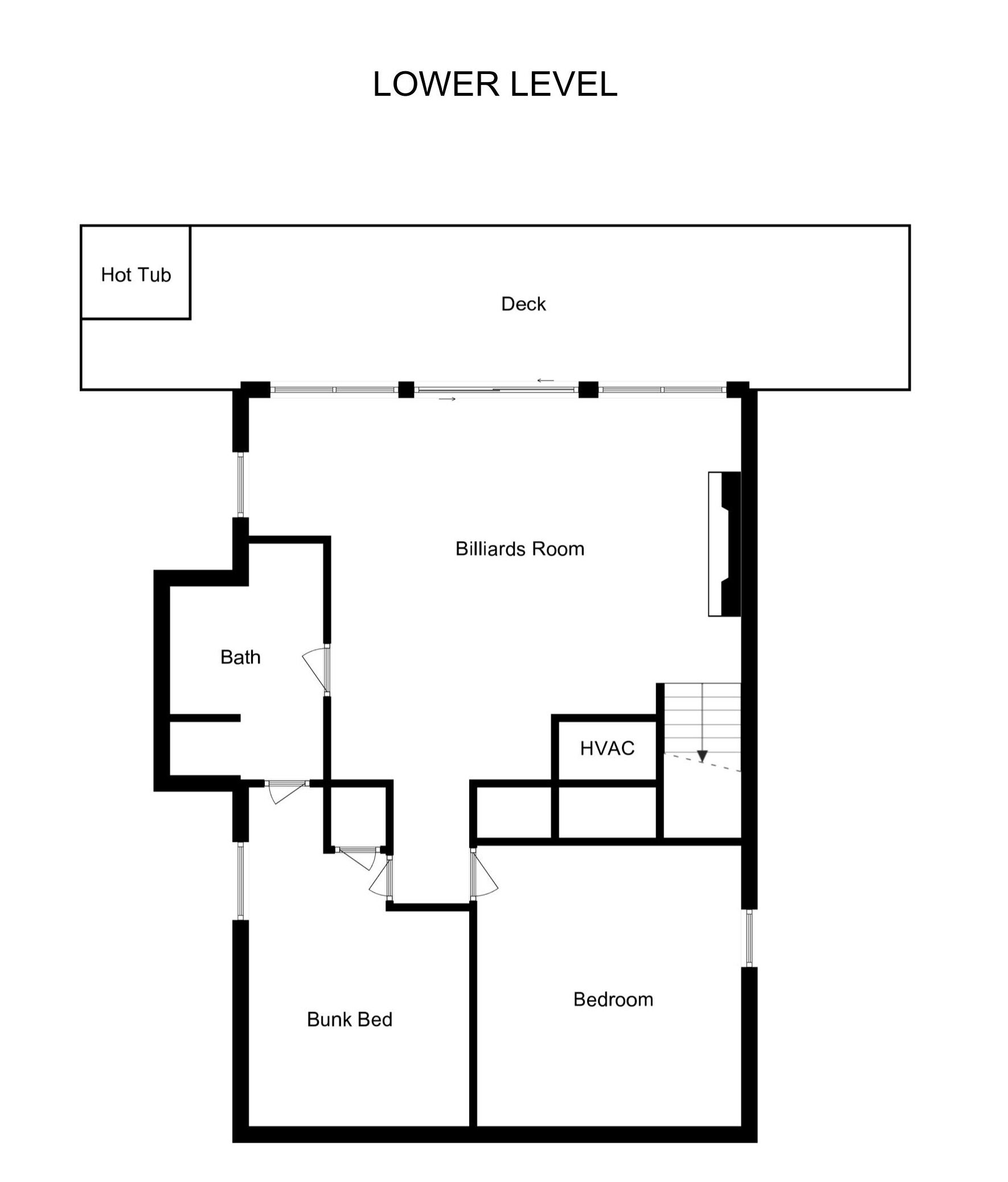 A floor plan of a hotel with a hot tub, billiards room, bath, bunk bed, HVAC, and a bedroom.