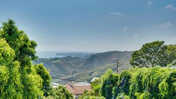 A hillside view with a house, power lines, and distant mountains.