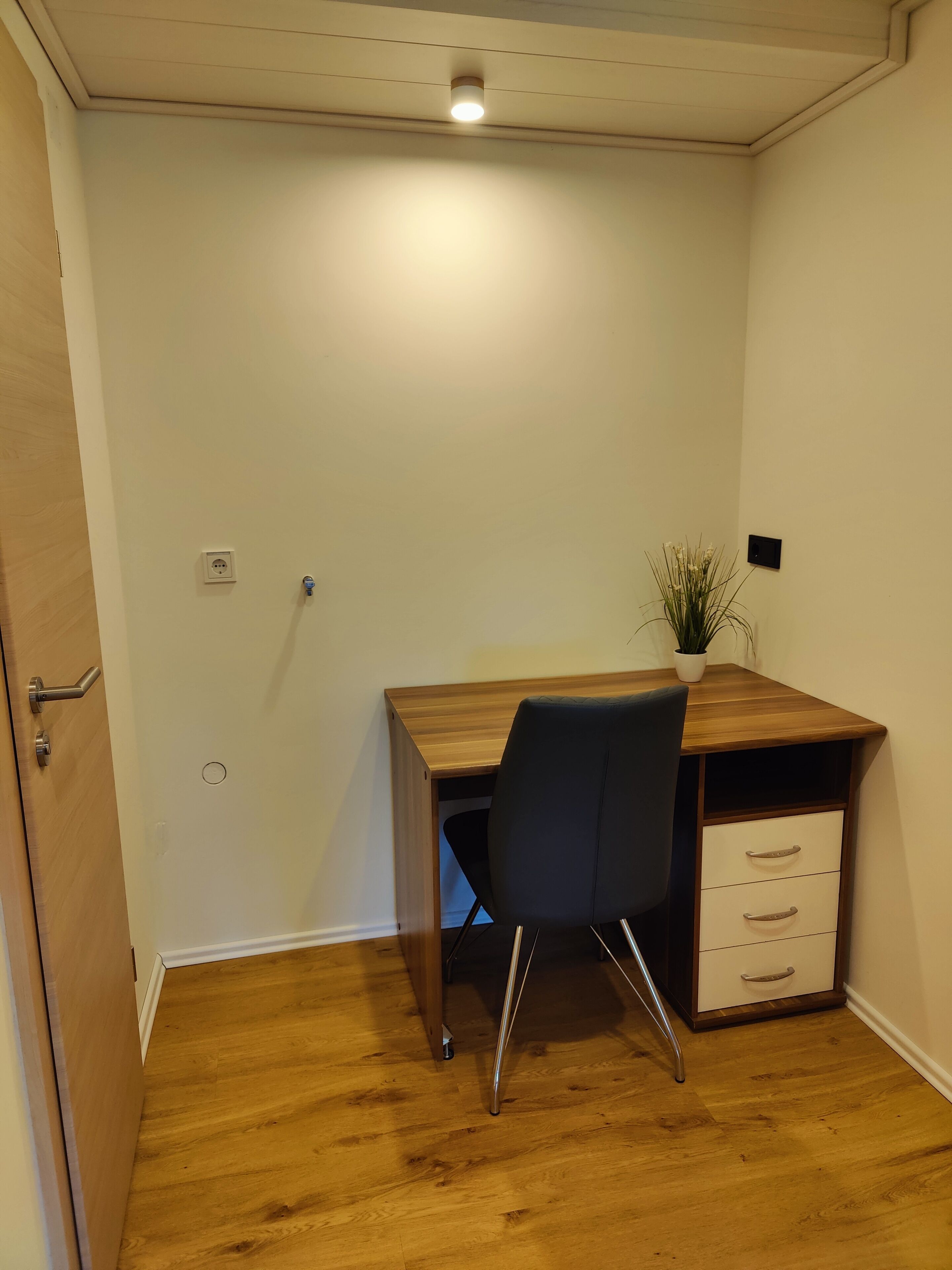 A small, well-lit room with a wooden desk, a black chair, and a small potted plant.